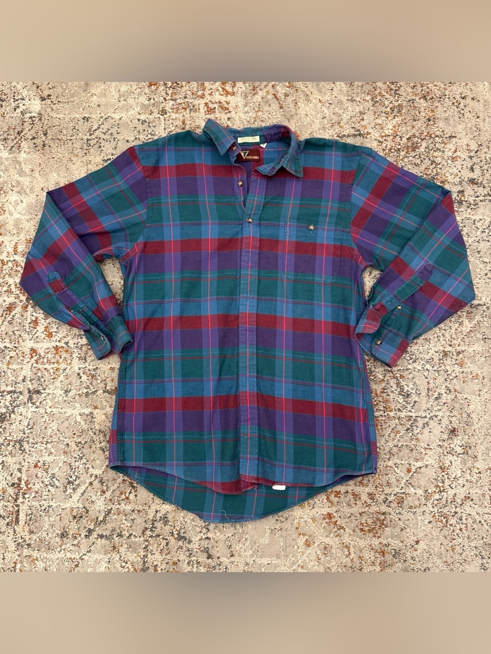 VTG Mallards Coventry Twill Plaid Shirt Mens M Teal Purple Burgundy Made In USA